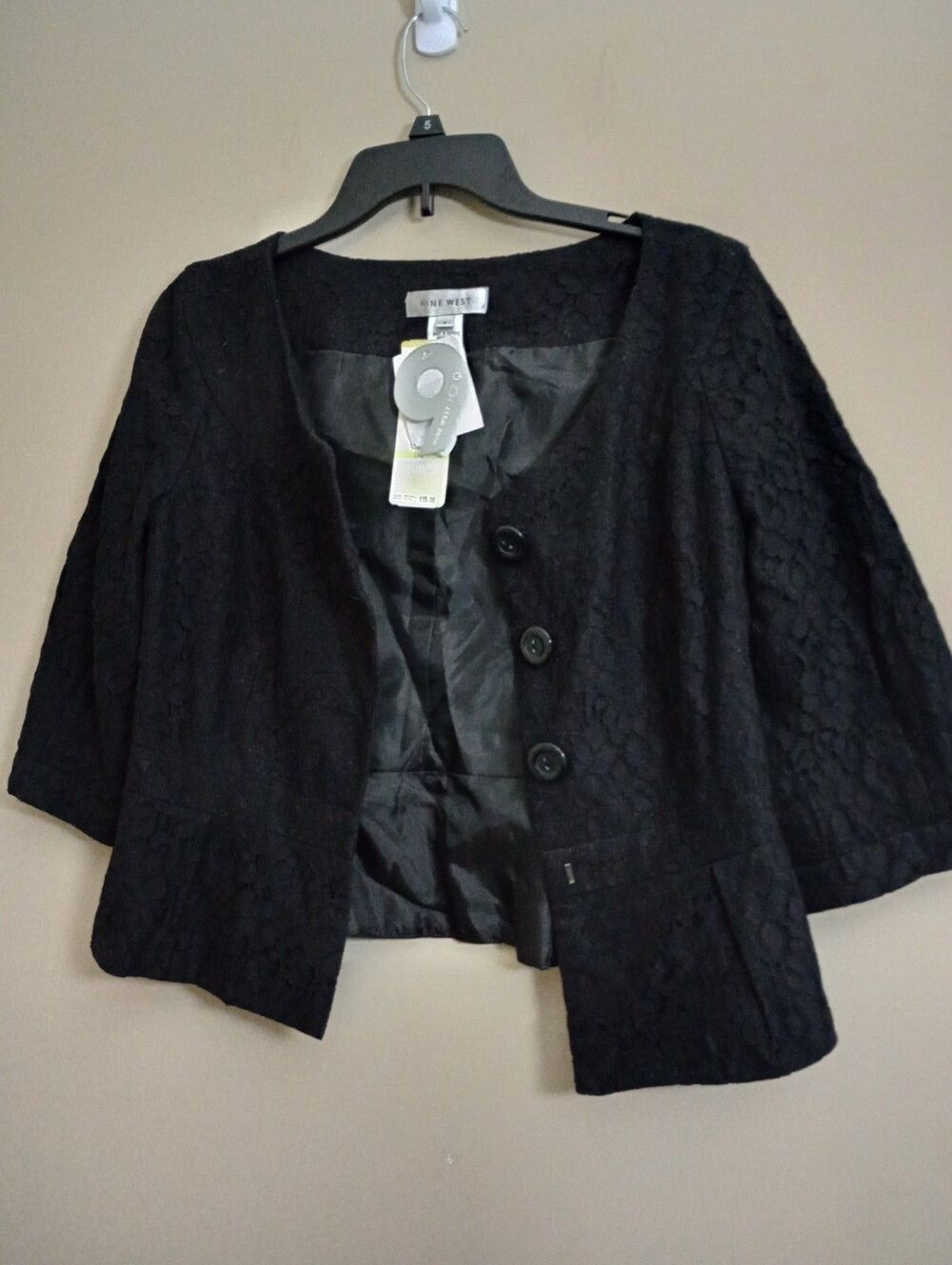 Nine West Black Lace Button Front Lace Short Jacket 3/4 Sleeve Size 4